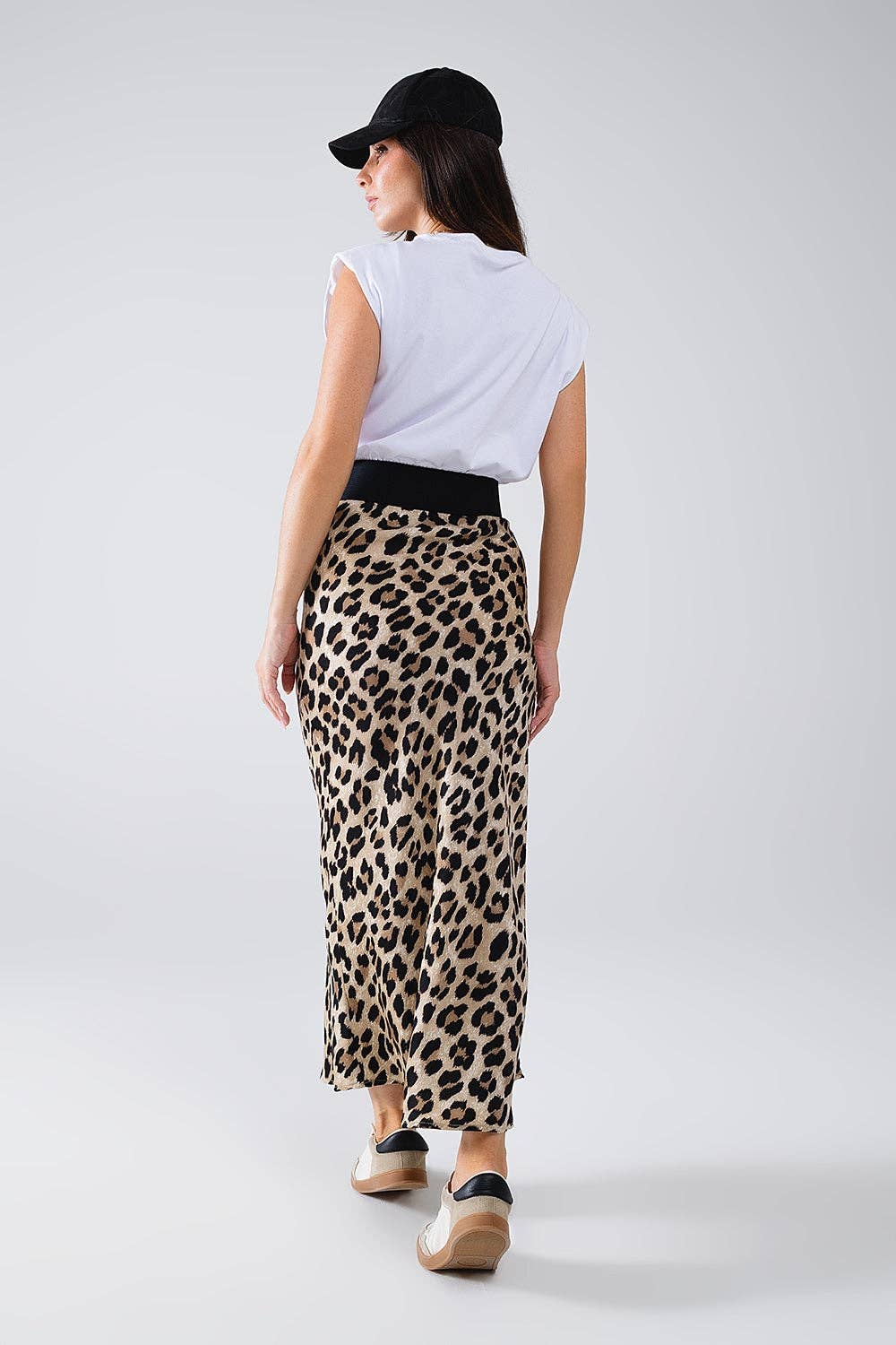 Satin-Finish Contrast Midi Dress in Leopard Print: White