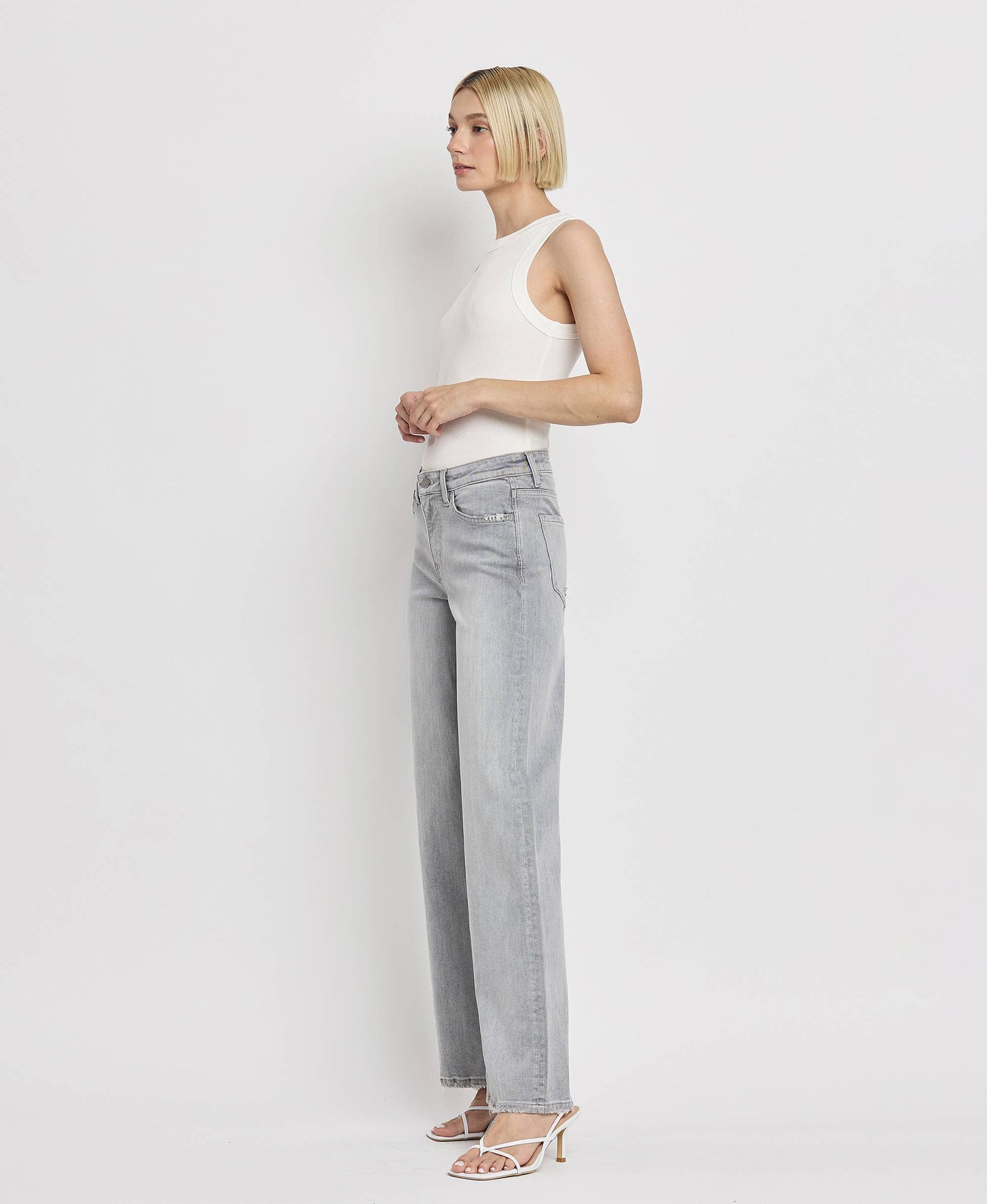 Flying Monkey High Rise Light Grey Wide Leg Jeans F5651
