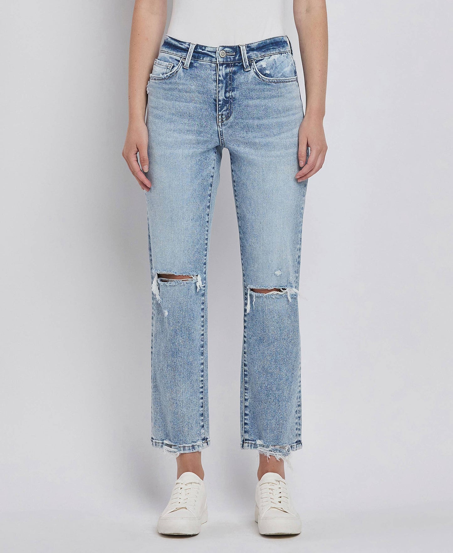 HIGH RISE DISTRESSED STRAIGHT JEANS F5689: VIVID
