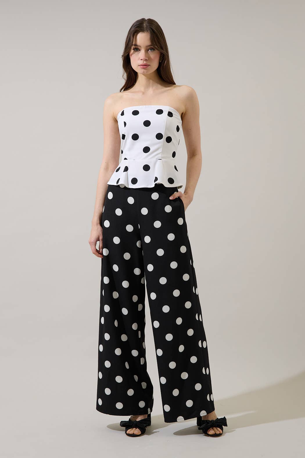 Randal Polka Dot Peplum Strapless Top: WHT-BLACK