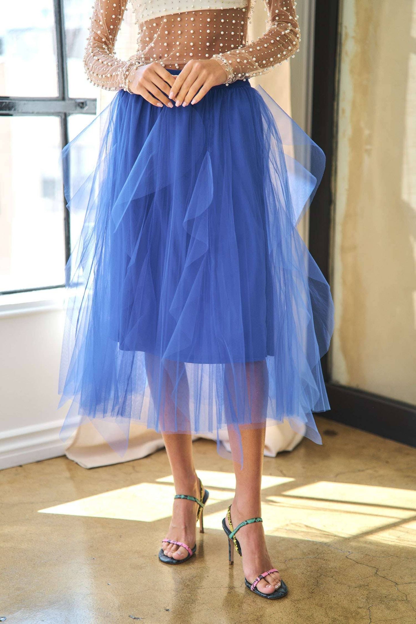 A-LINE FAIRY RUFFLE ELASTIC WAISTBAND MIDI SKIRT: COBALT