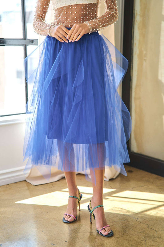 A-LINE FAIRY RUFFLE ELASTIC WAISTBAND MIDI SKIRT: COBALT