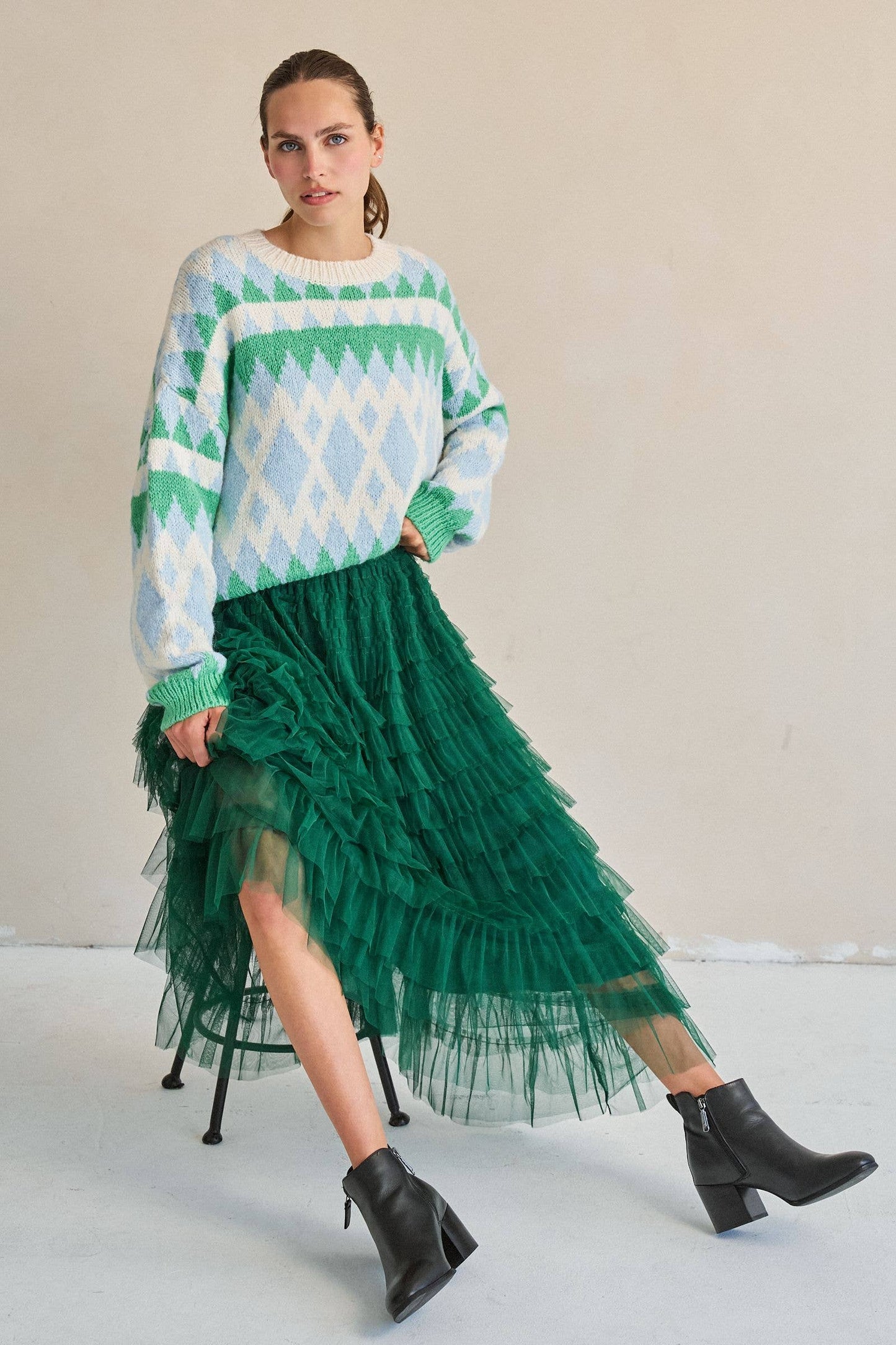 TIERED RUFFLE MESH MAXI SKIRT: GREEN