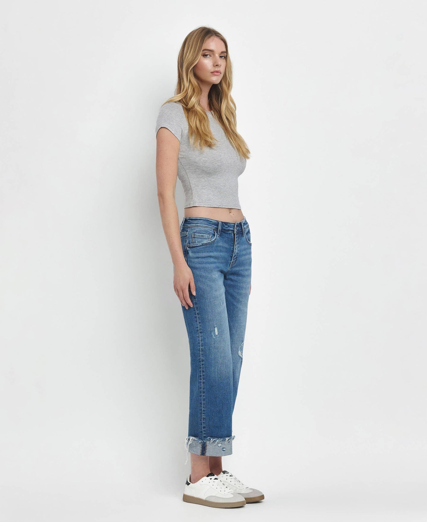 Flying Monkey - Four Season Mid Rise Raw Cuffed Hem Slim Wide Leg Jeans
