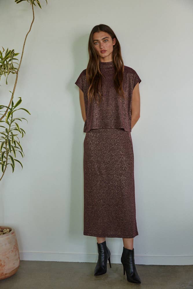 Lurex Flare Midi Skirt: Plum
