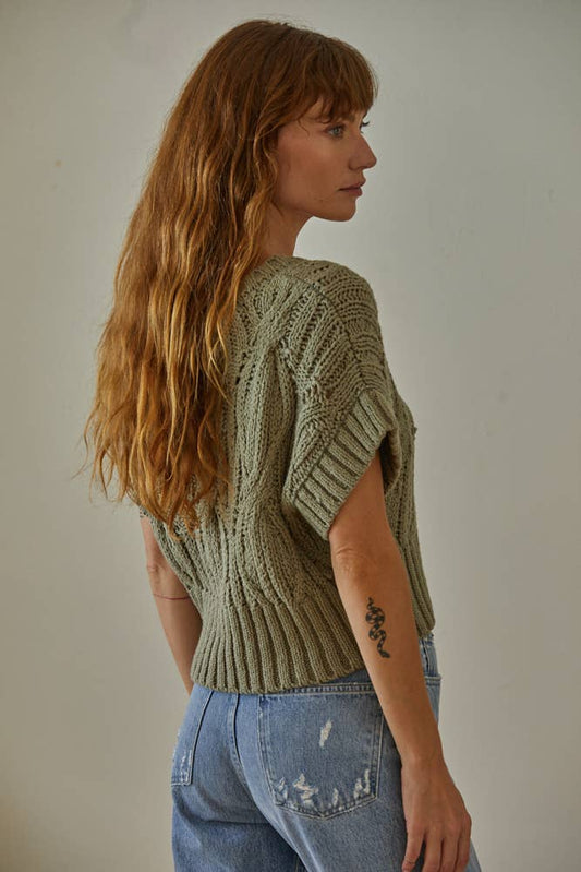 Crochet Round Neck Short Sleeve Top: Olive