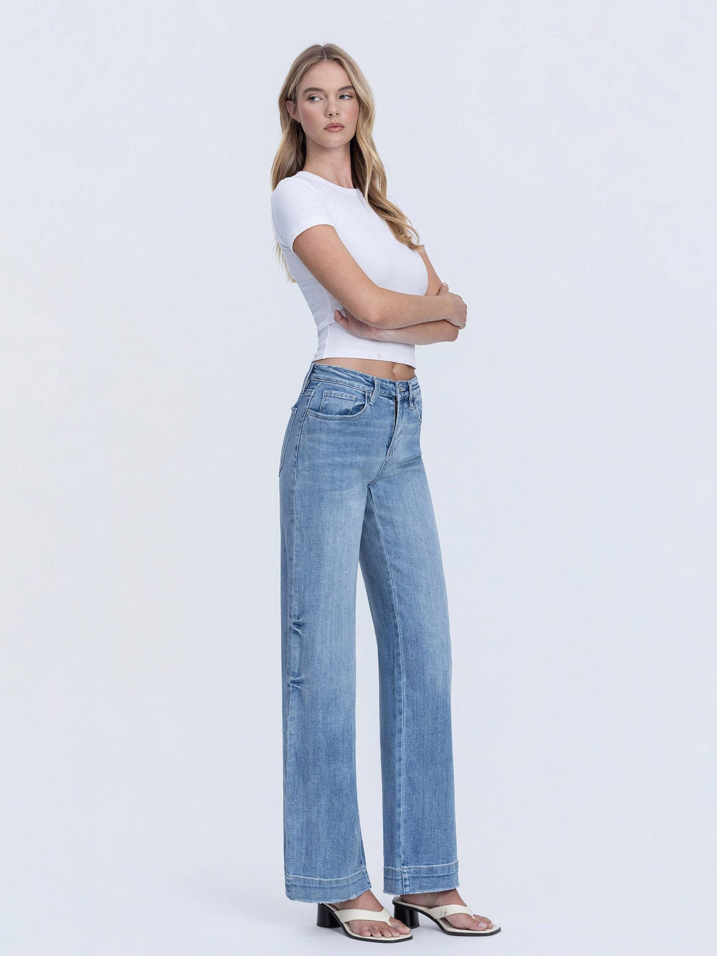 HIGH RISE MEDIUM WASH TROUSER HEM WIDE LEG JEANS F5391: PERMISSIBLE