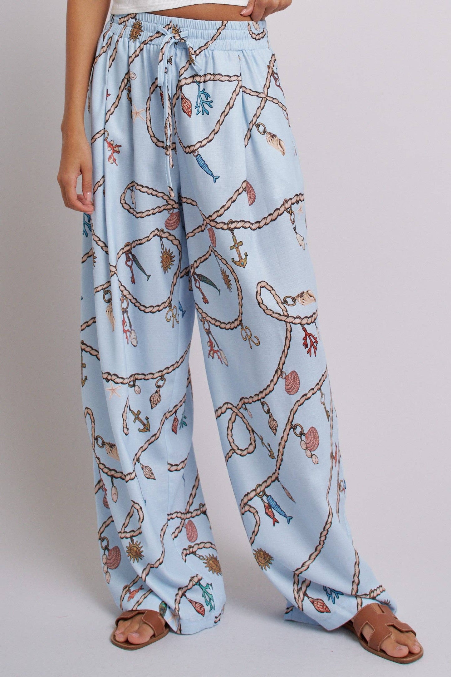 Rope Print Wide Leg Maxi Pants With Drawstring: Blue