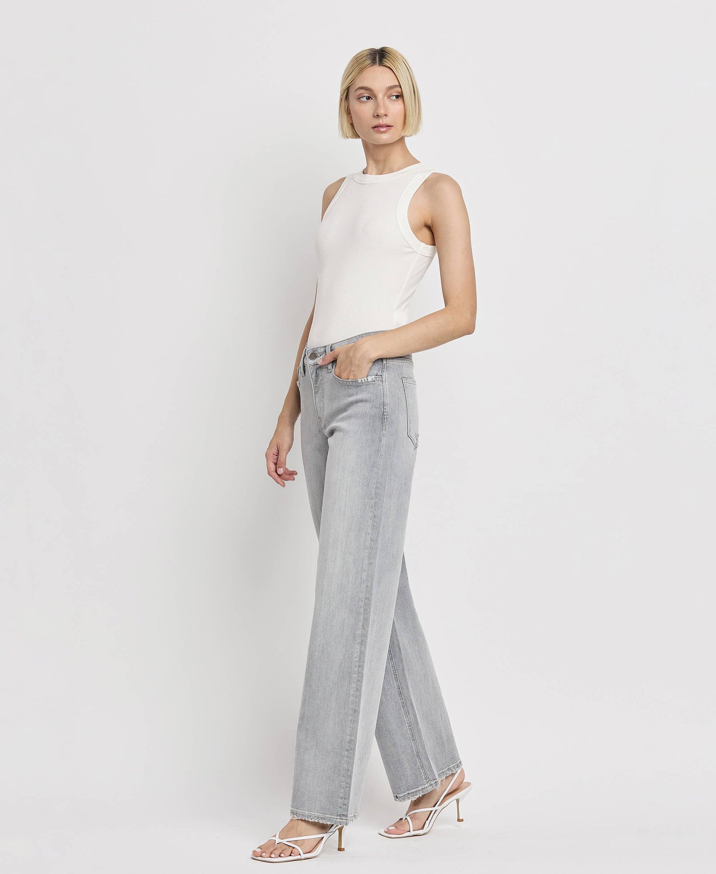 Flying Monkey High Rise Light Grey Wide Leg Jeans F5651