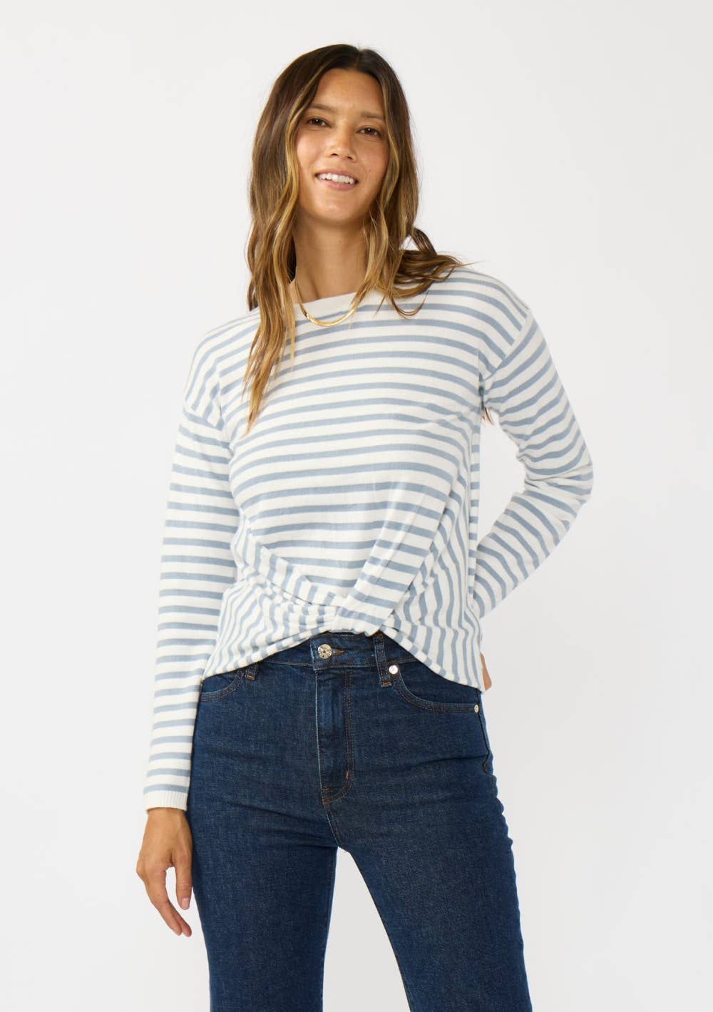 Horizontal Stripe Front Knot Pullover Sweater: Ivory/Dusty Blue