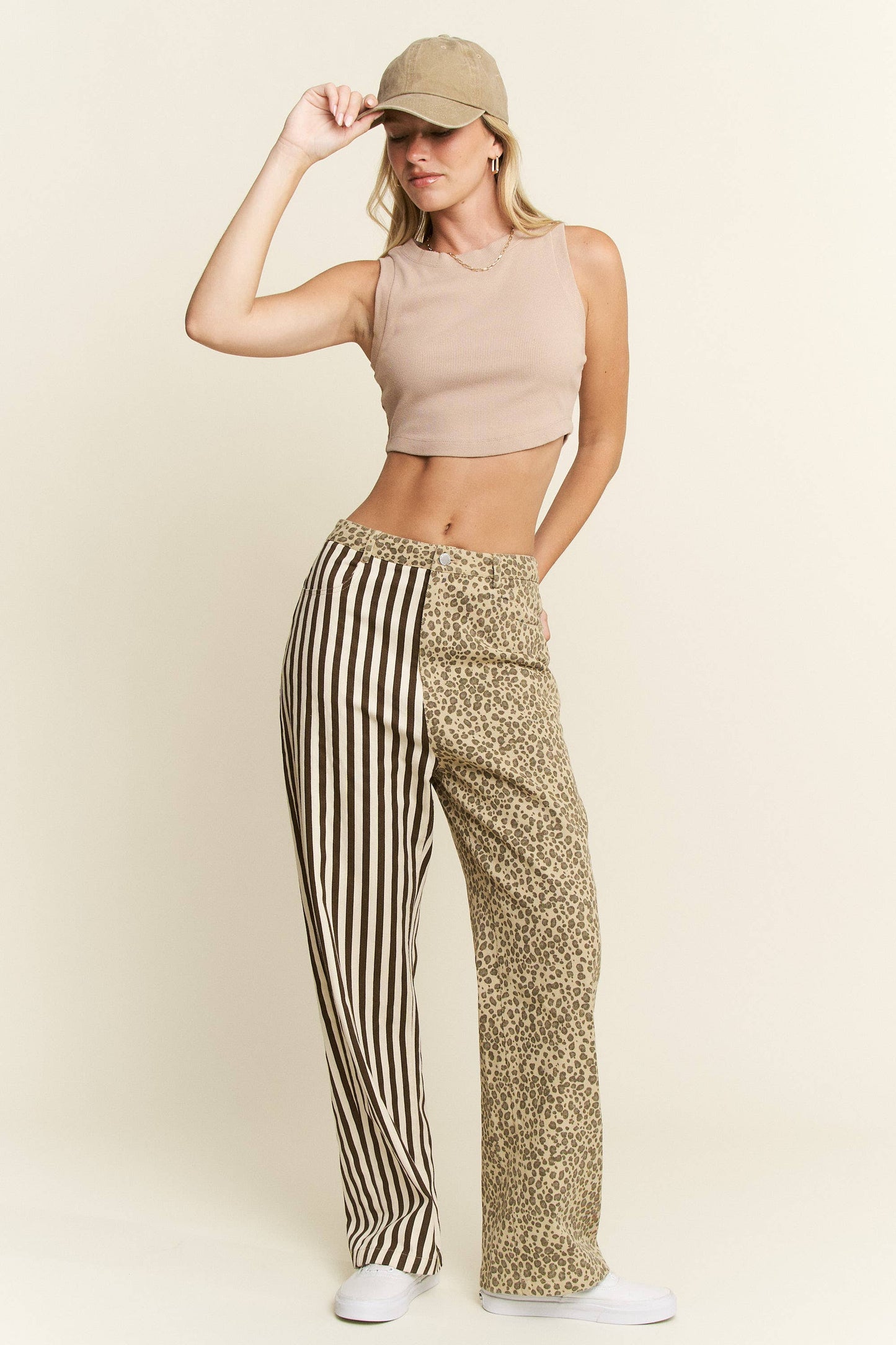 MIX & MATCH LEOPARD-STRIPE PANTS: Brown