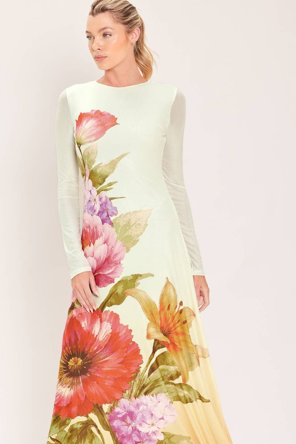 A printed power mesh maxi dress - ID24270: IVORY