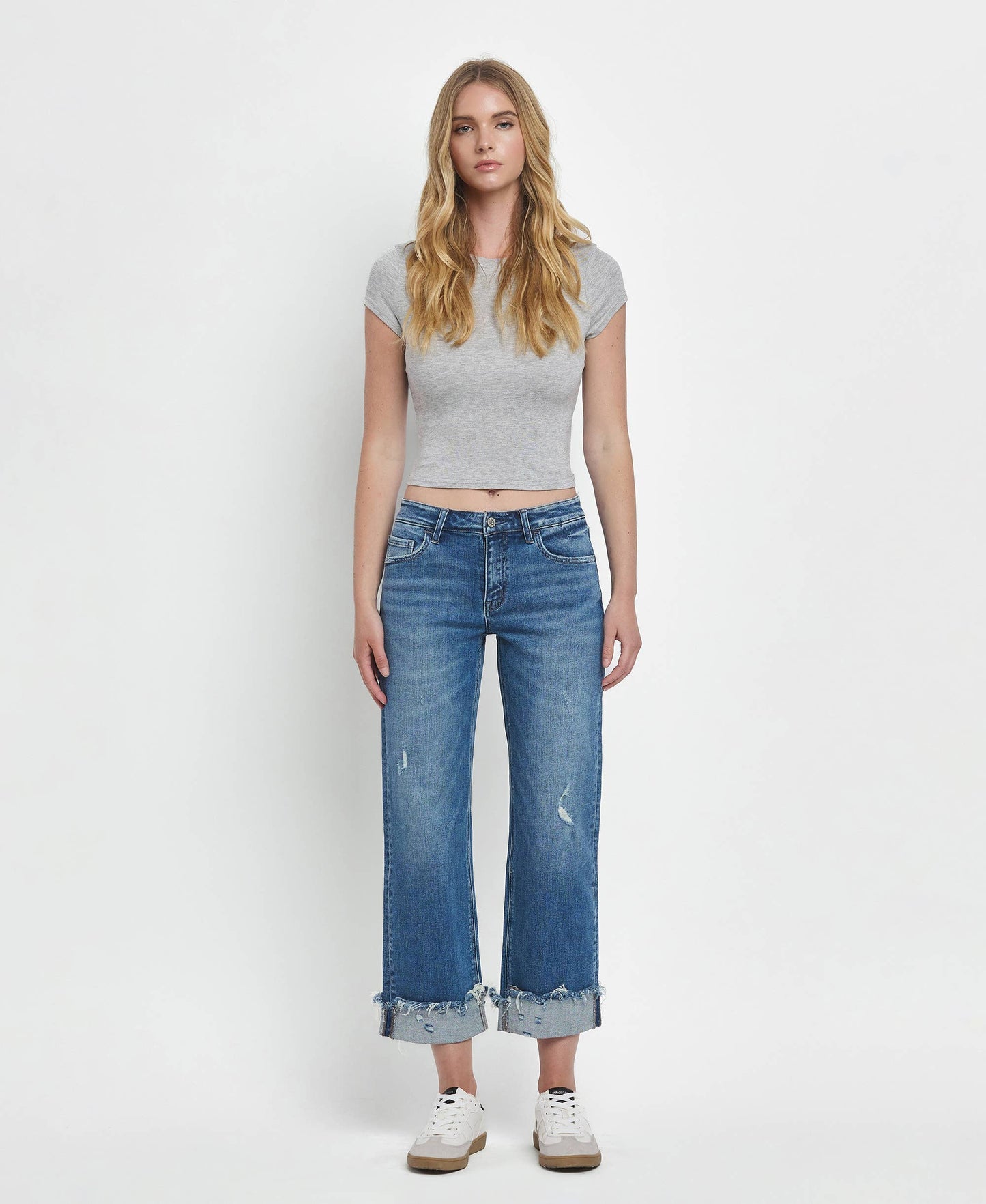 Flying Monkey - Four Season Mid Rise Raw Cuffed Hem Slim Wide Leg Jeans