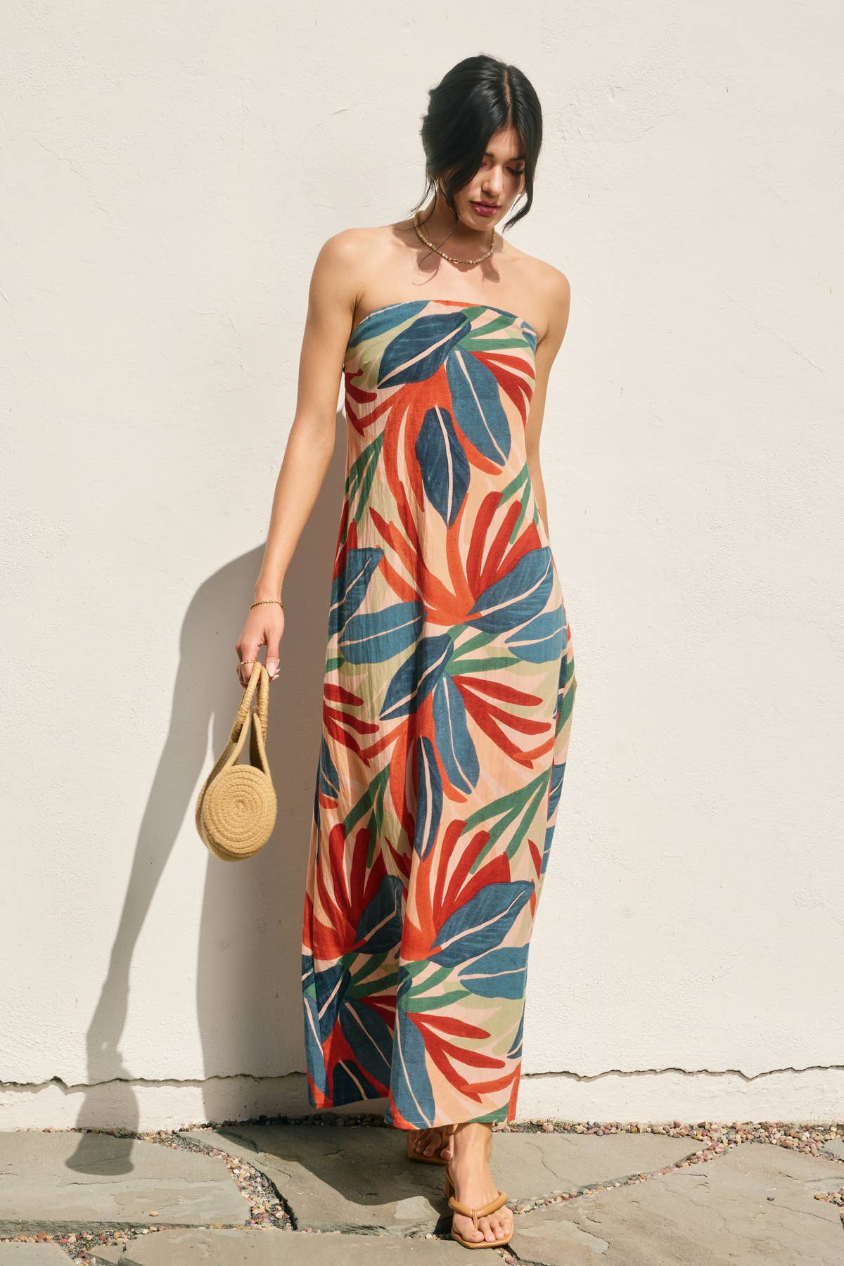 Tropical Leaf Strapless Tie Back Maxi Dress: SUN ORANGE PALM
