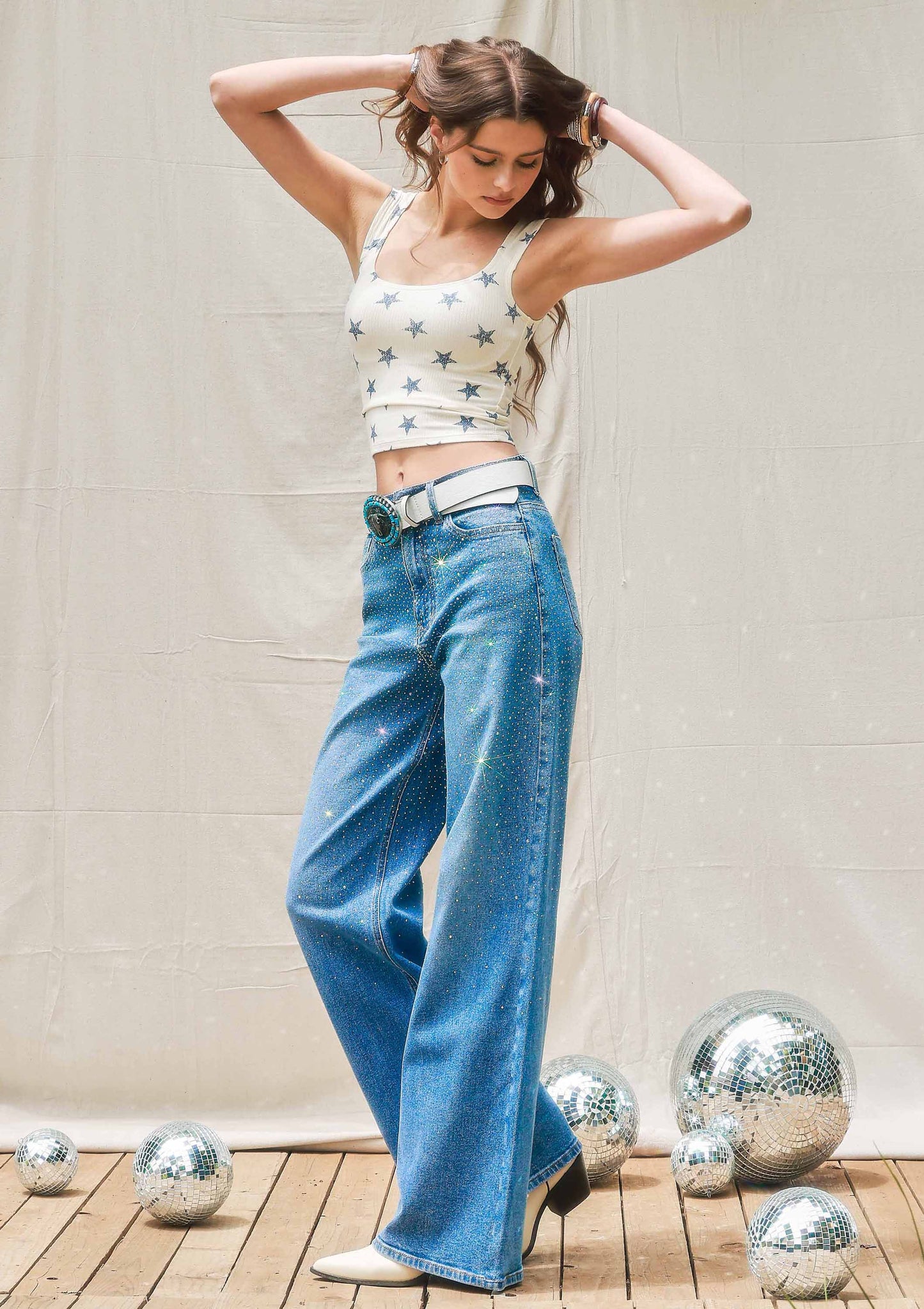 Iridescent Rhinestone High-Rise Wide Leg Jeans: Medium Stone