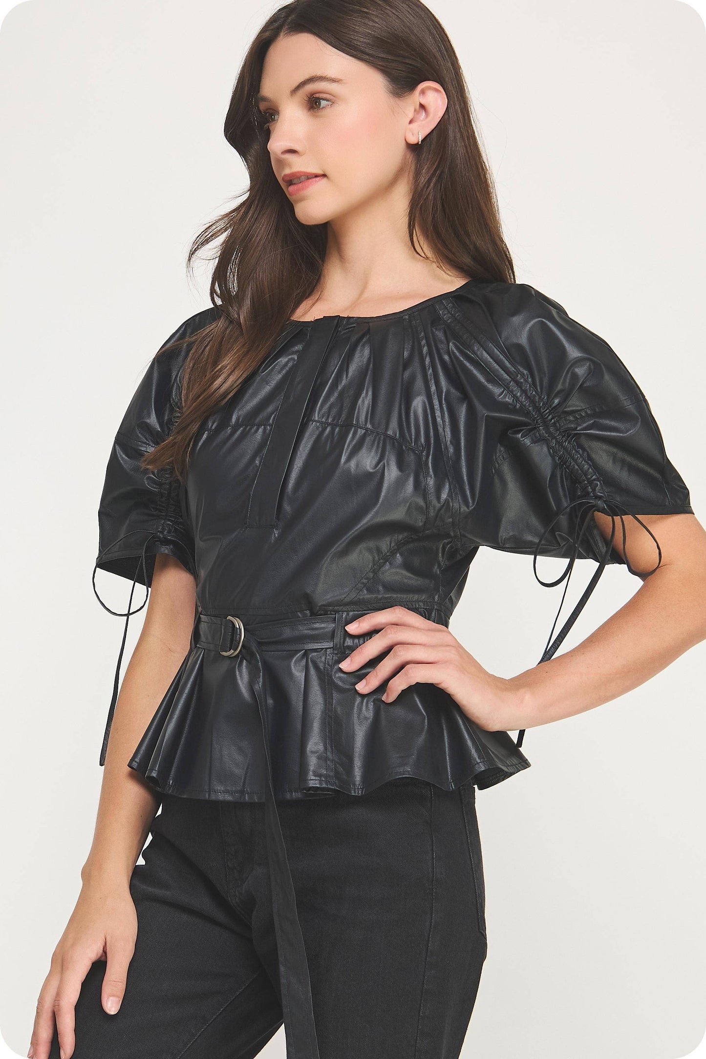 Waist Belt Pleated Faux Leather Top: Black