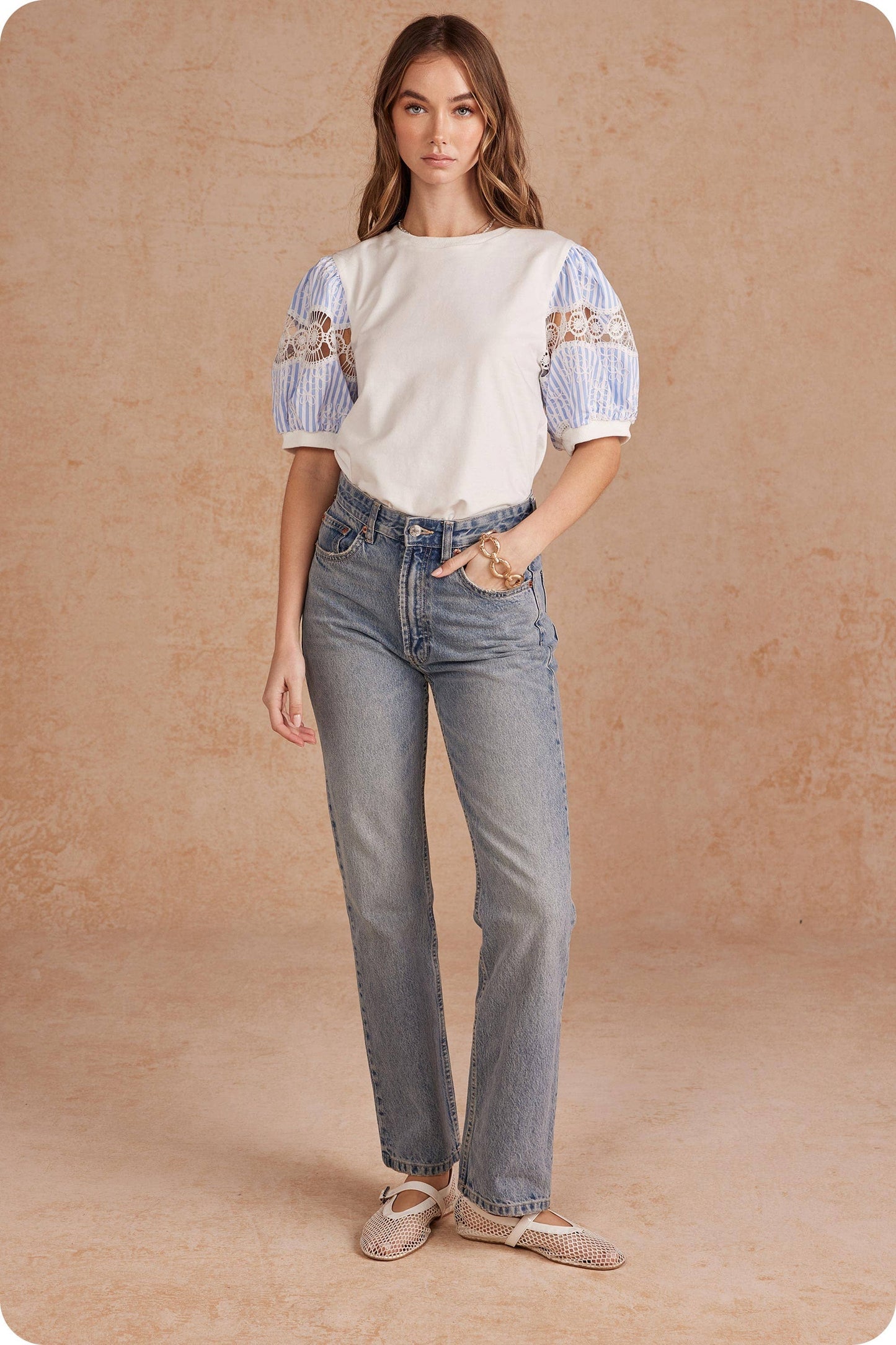 Striped Embroidered Puff Sleeve Tee Top: White/blue