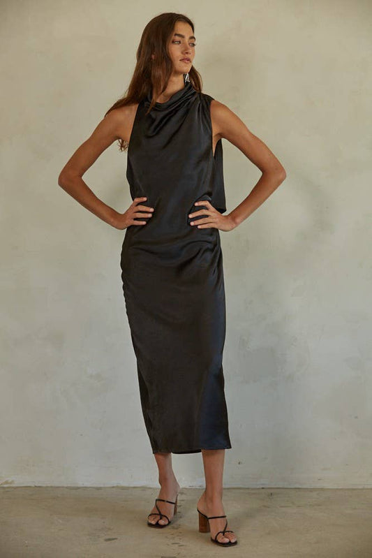 Satin Polyester Spandex Open Back Midi Dress: Black / L6636