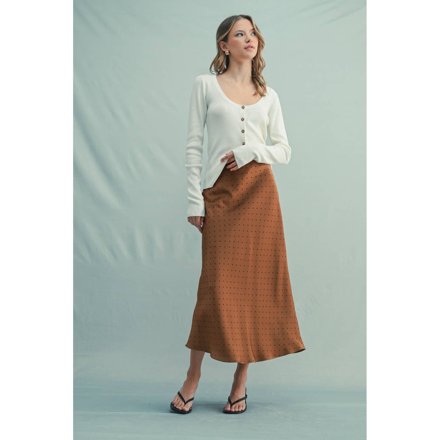 POLKA DOT SATIN MIDI SKIRT / WL25-11487: CHOCO/BLACK