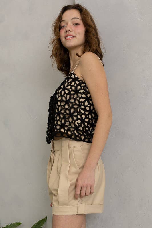 Crochet Floral Spaghetti-Strap Top: Black