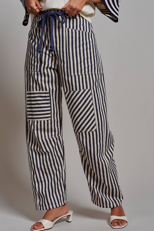 Railroad Striped Patch Pocket Spring Utility Pants: Navy