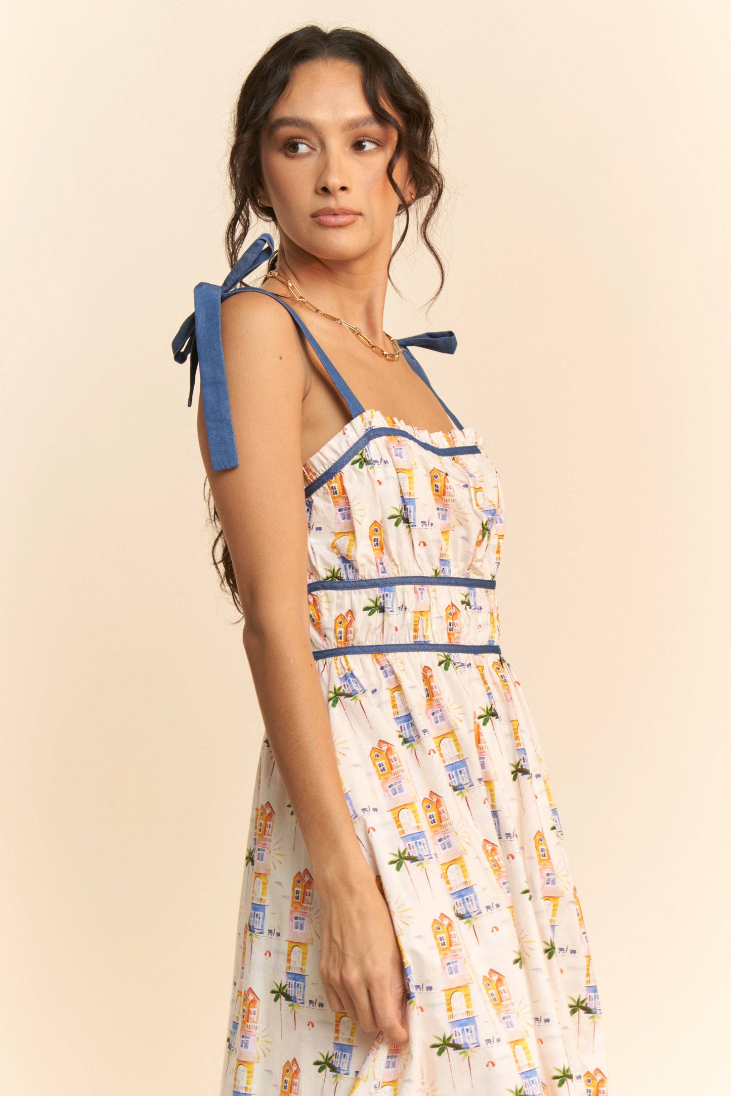 PRINTED RIBBON STRAPS MAXI SUN DRESS: White Multi