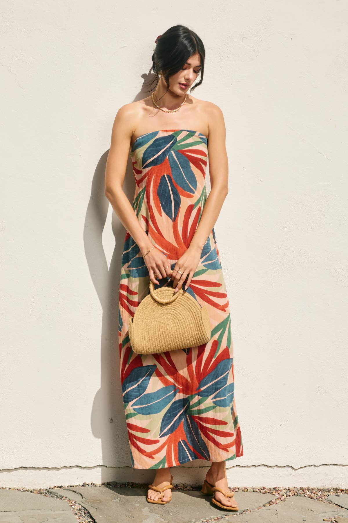 Tropical Leaf Strapless Tie Back Maxi Dress: SUN ORANGE PALM