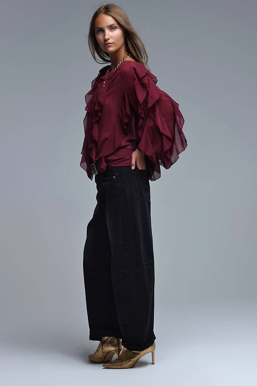 Burgundy V-Neck All Over Ruffle Blouse: MAROON / M