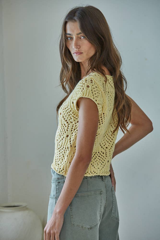 Crochet V-Neck Cap Sleeve Top