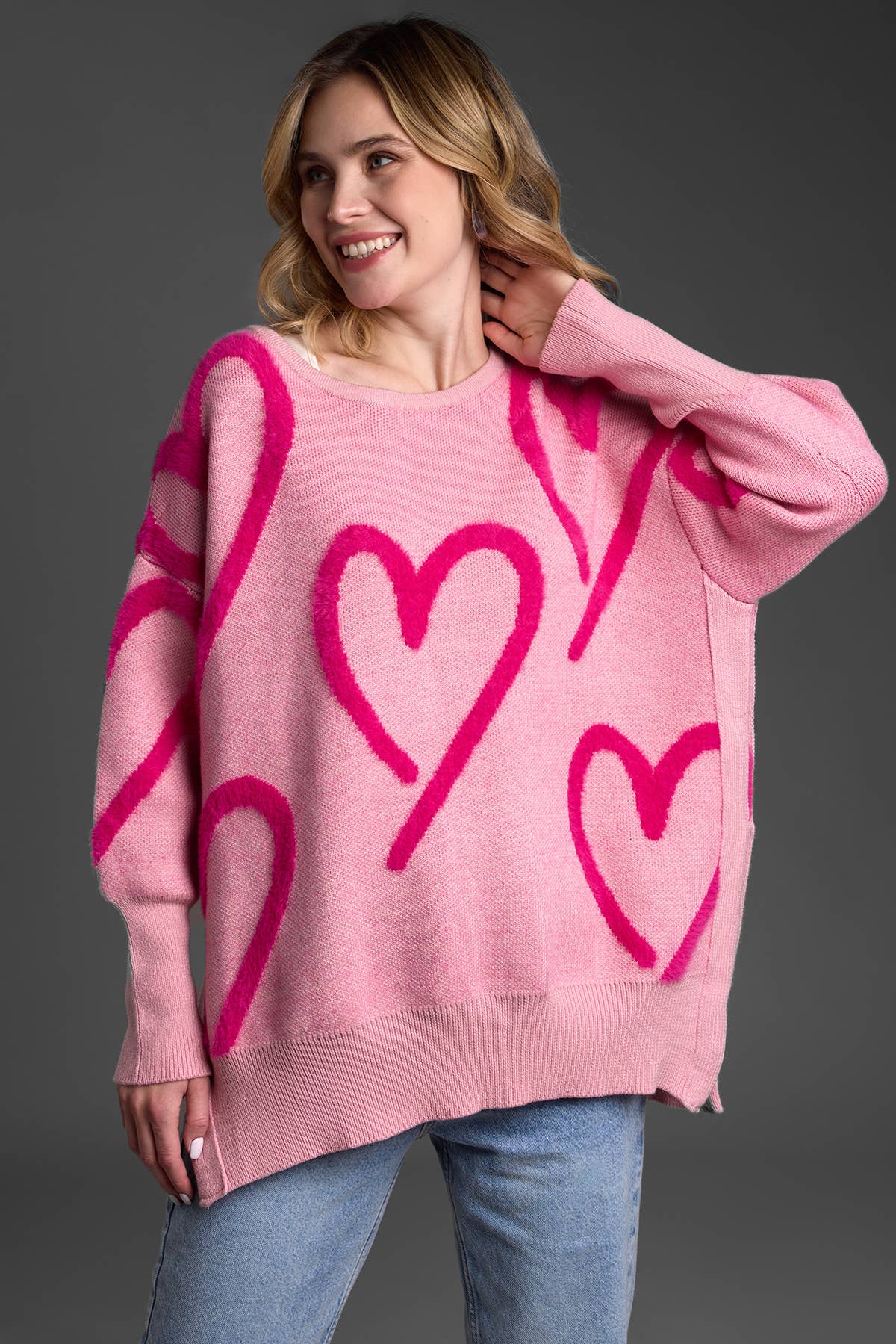 Whimsical Heart Pullover Sweater: Pink