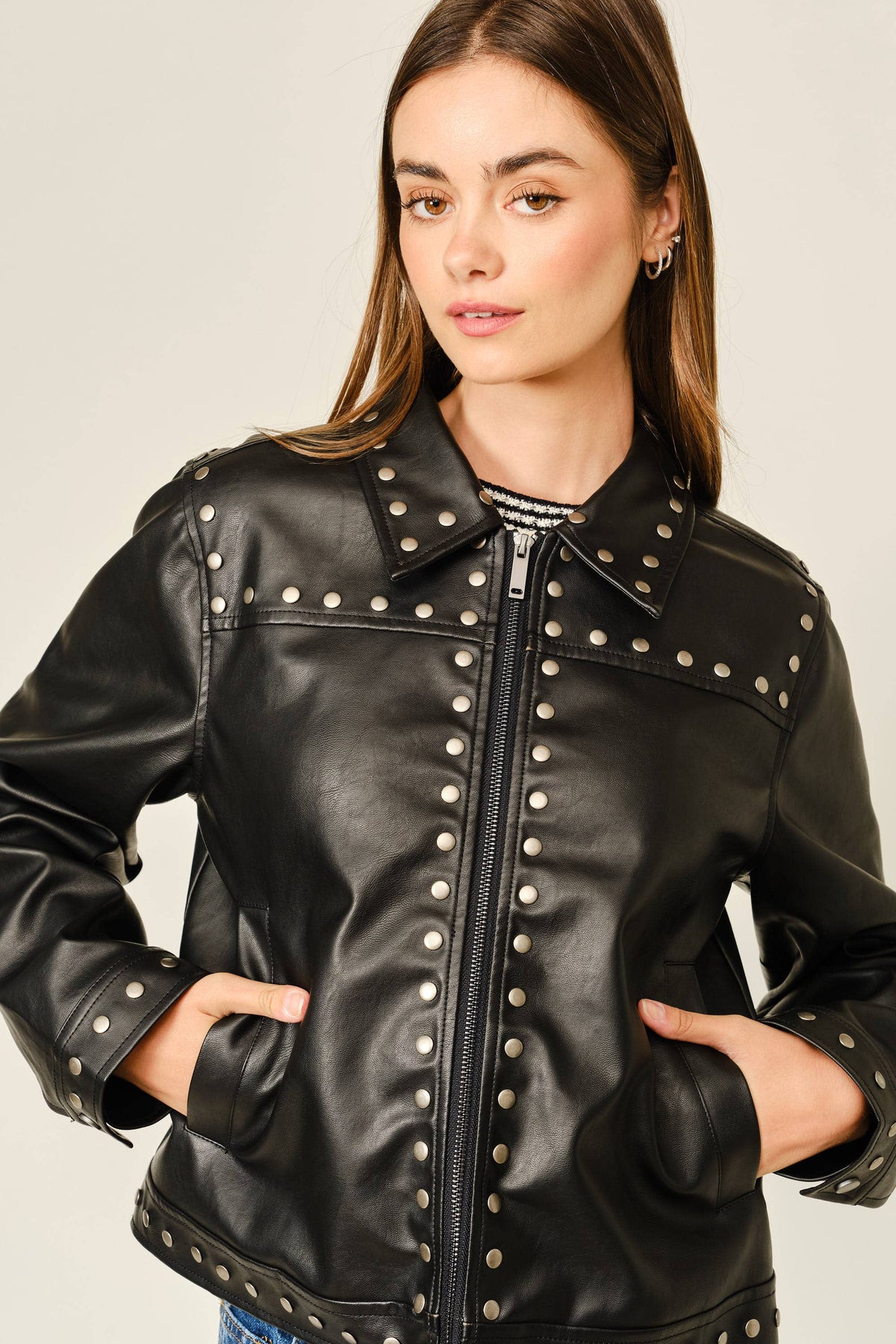STUDDED VEGAN LEATHER JACKET: BLACK