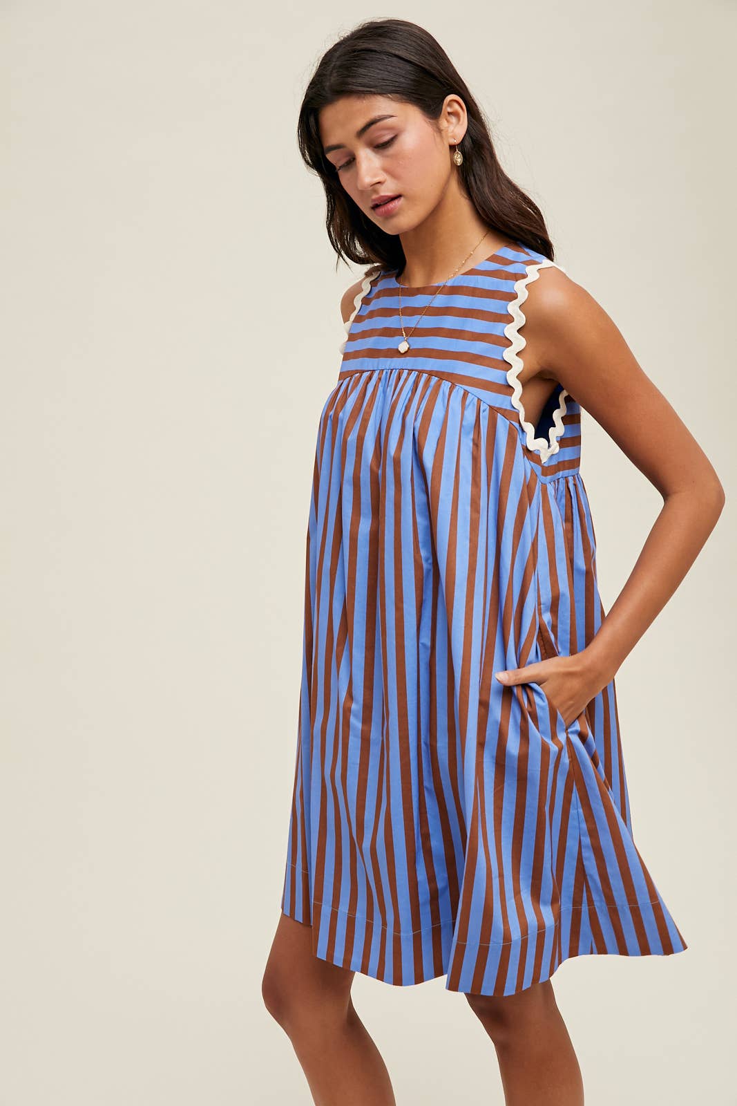 RIC RAC DETAIL STRIPED MINI DRESS / WL24-9870: BLUE/ESPRESSO