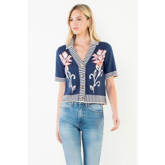 Floral Jacquard Stripe Trim Knit Top: NAVY