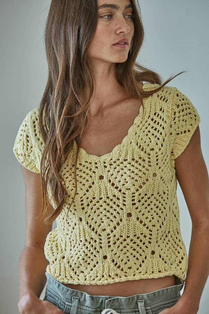 Crochet V-Neck Cap Sleeve Top
