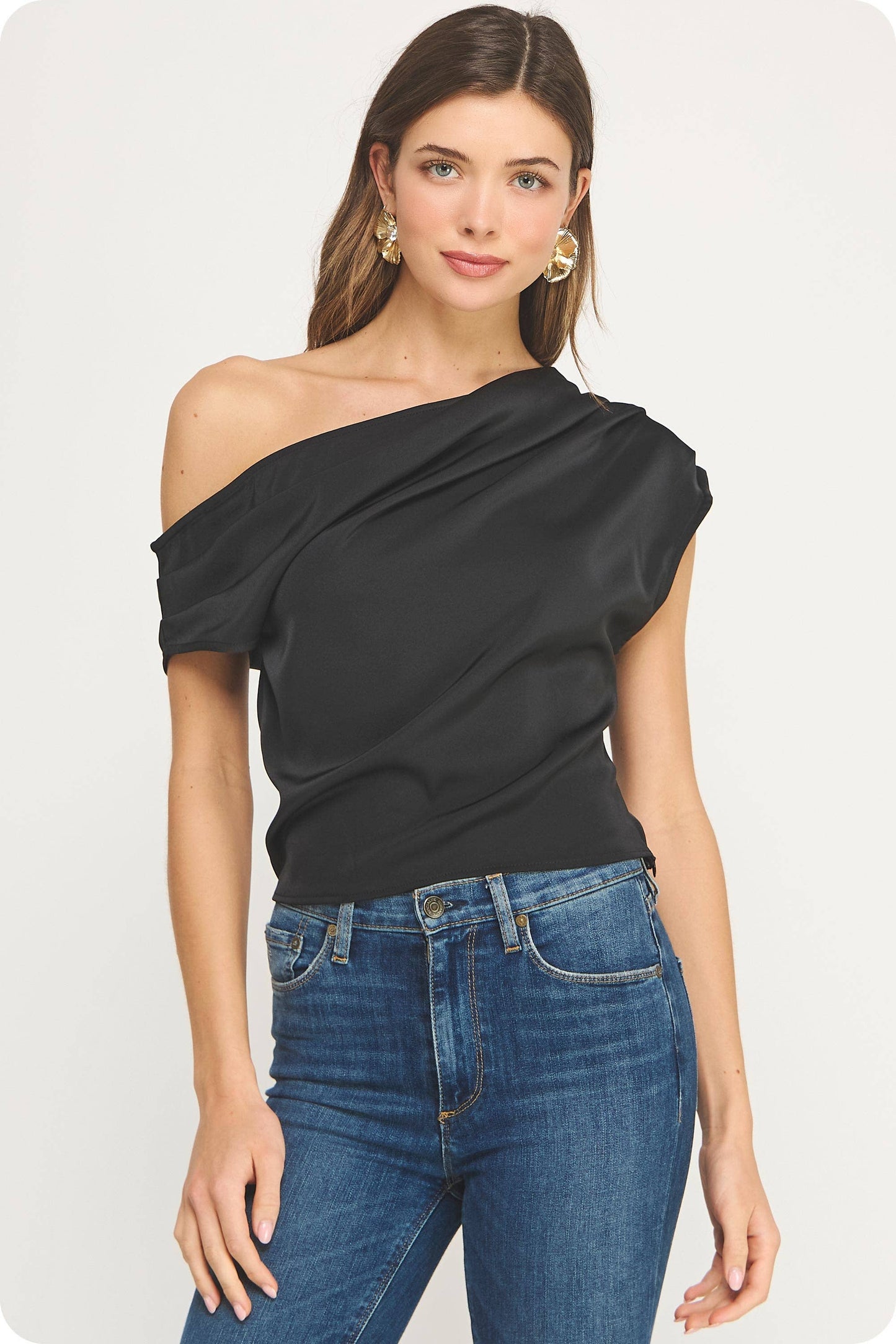 One Shoulder Draped Satin Top: Black