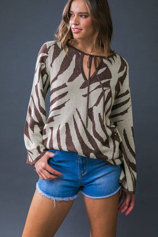 Metallic yarn sweater knit top - ISW5198: Brown