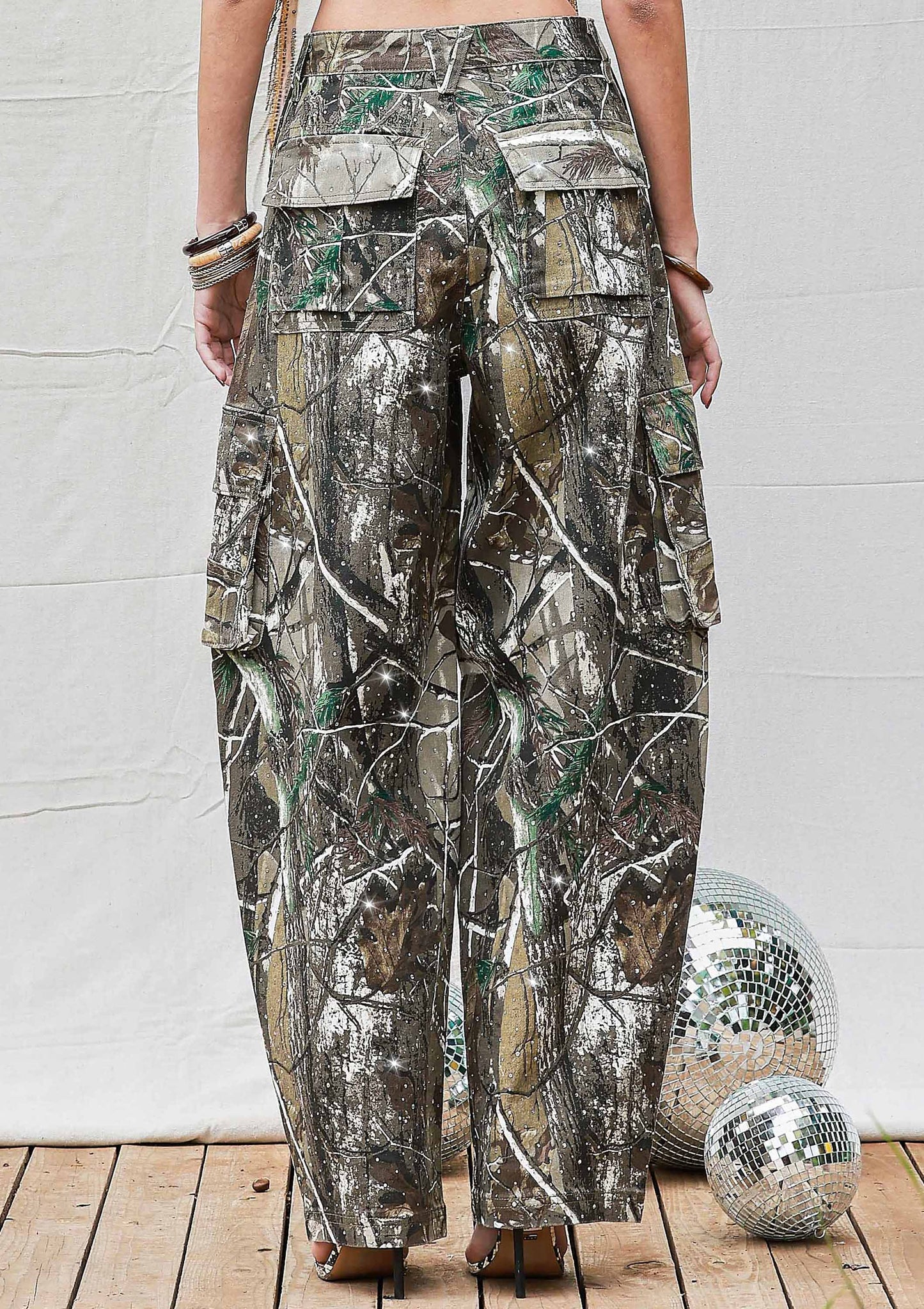 Rhinestone Camo Print Baggy Barrel Jeans: Camo