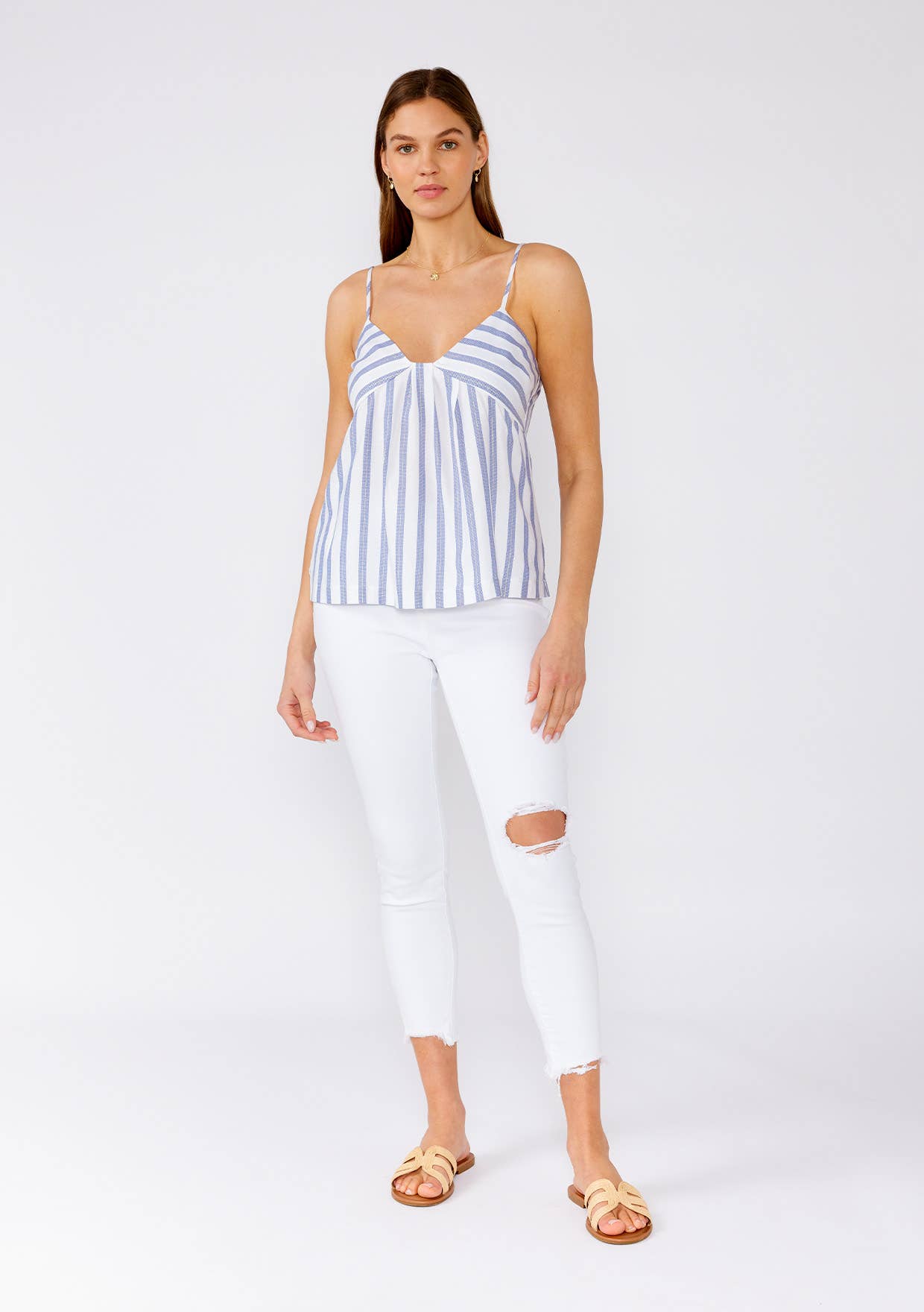 Nautical Striped Metallic Tank Top: White/Blue