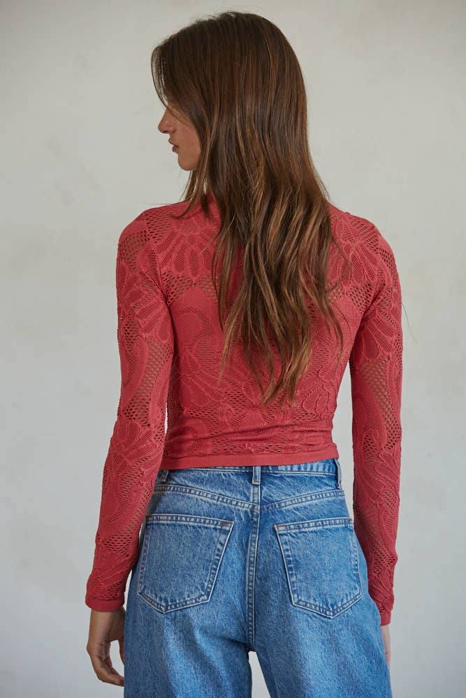 Jacquard Mock Neck Long Sleeve Top: Crimson