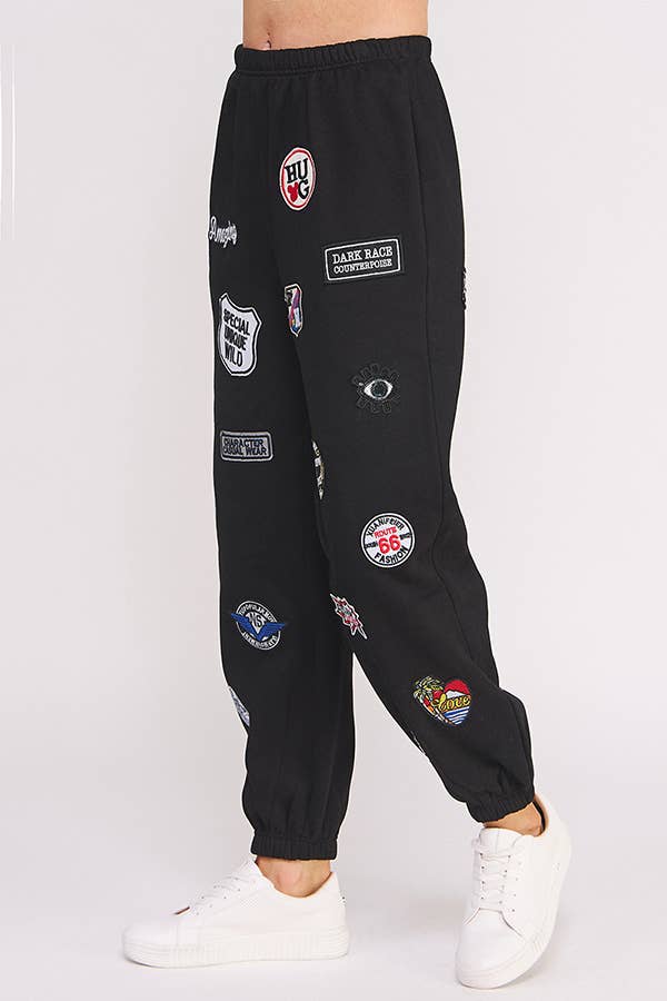 High waist Multi Patches Jogger Pants: Black