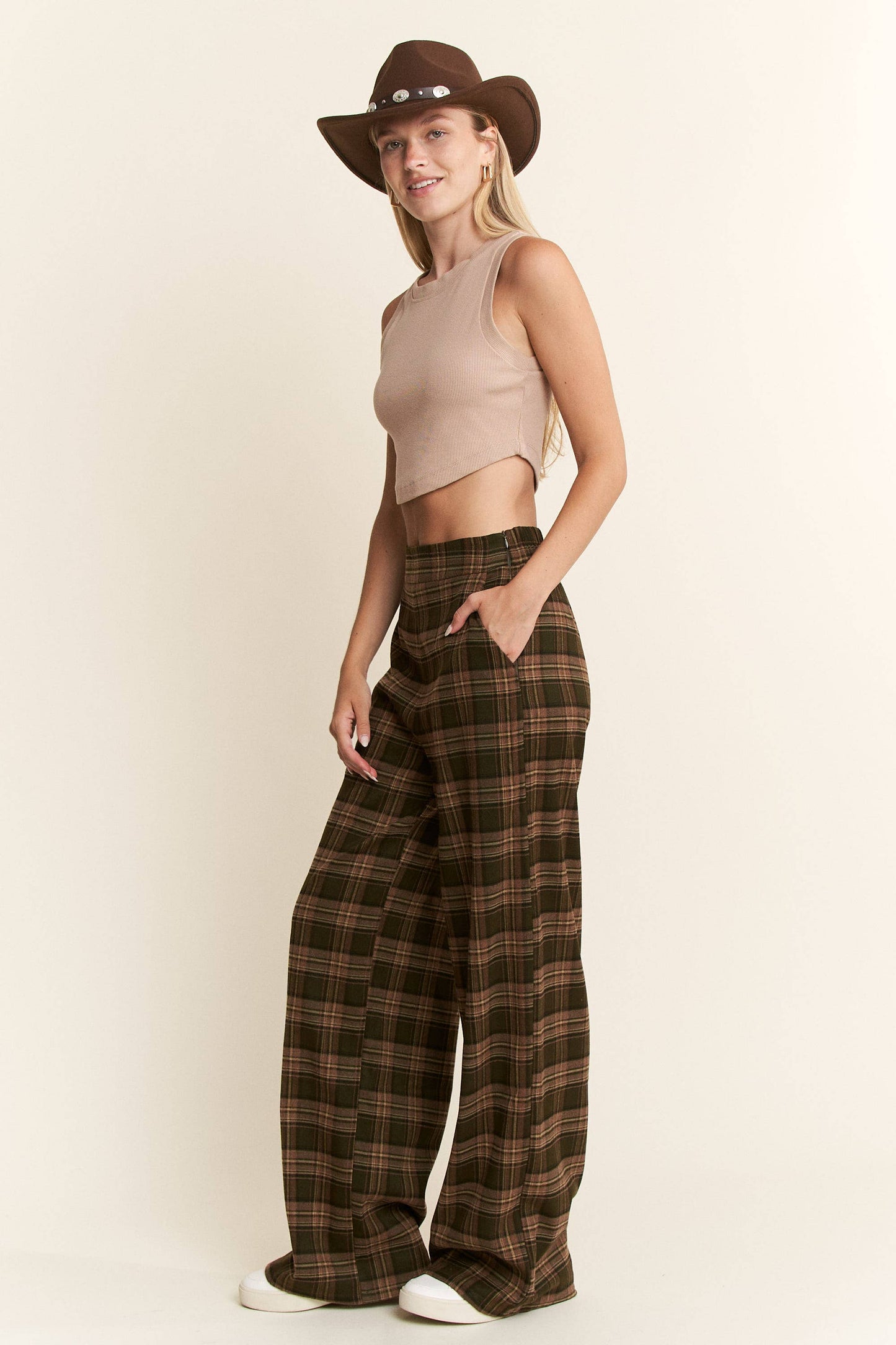 PLAID WIDE LEG SOFT DRESS PANTS: OLIVE/MOCHA