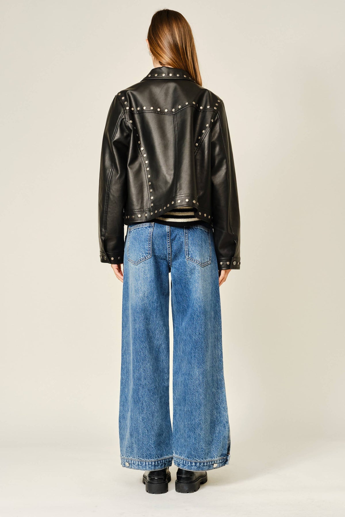 STUDDED VEGAN LEATHER JACKET: BLACK