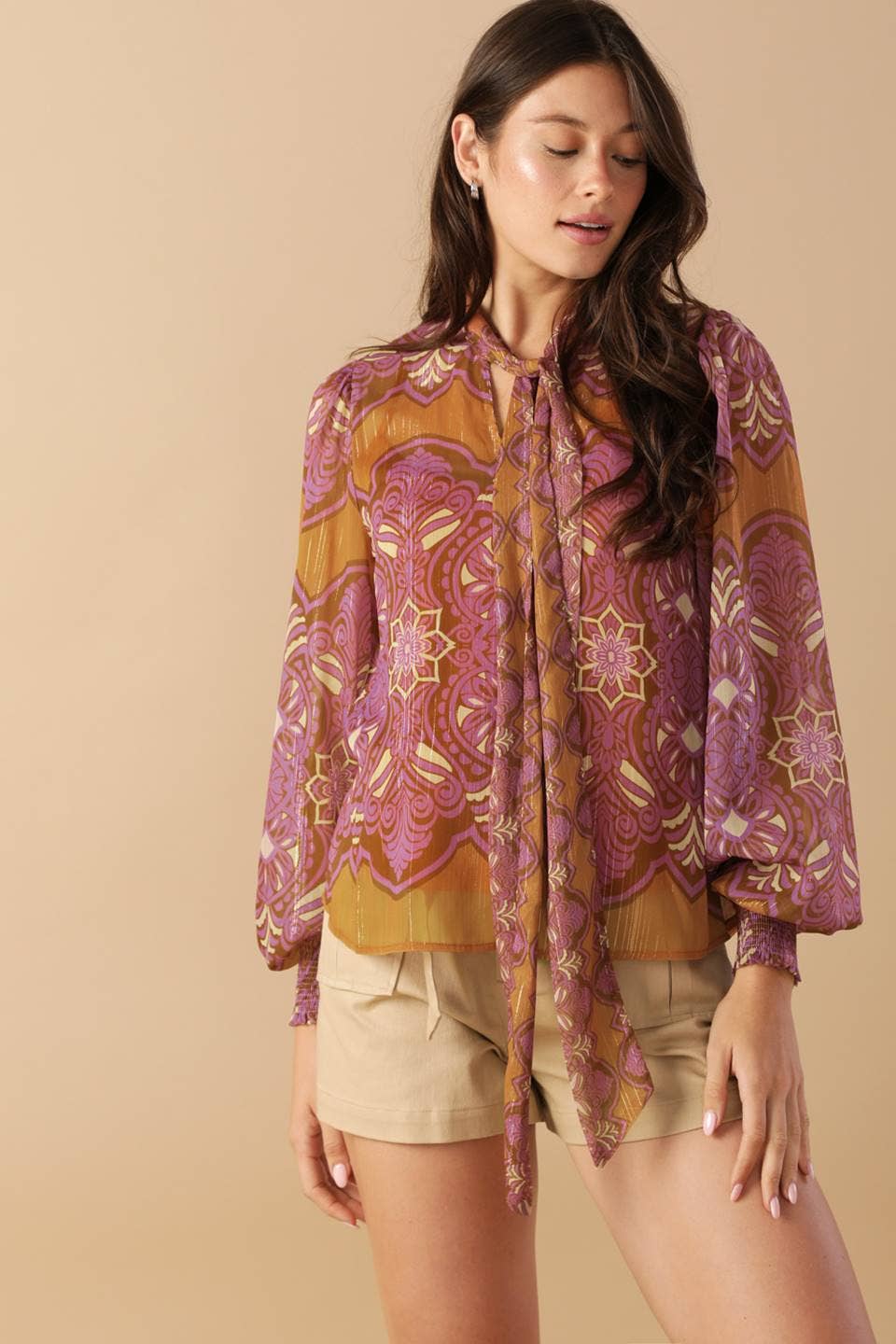 A printed woven top - IT13433: RUST PURPLE / Contemporary / S