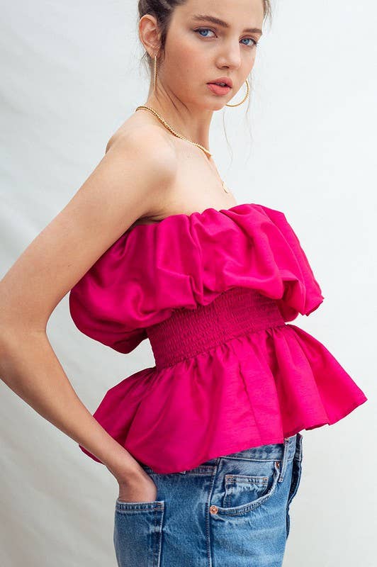 Strapless Ruffle Smocked Waist Silky Peplum Top: BERRY