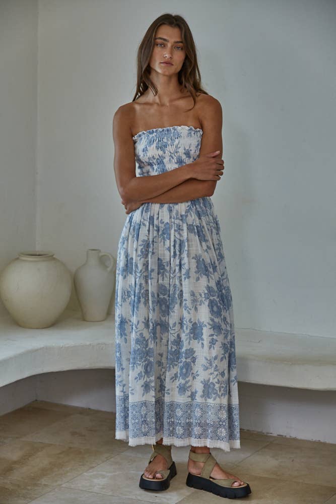 Floral Smocked Strapless Midi: Ivory Blue