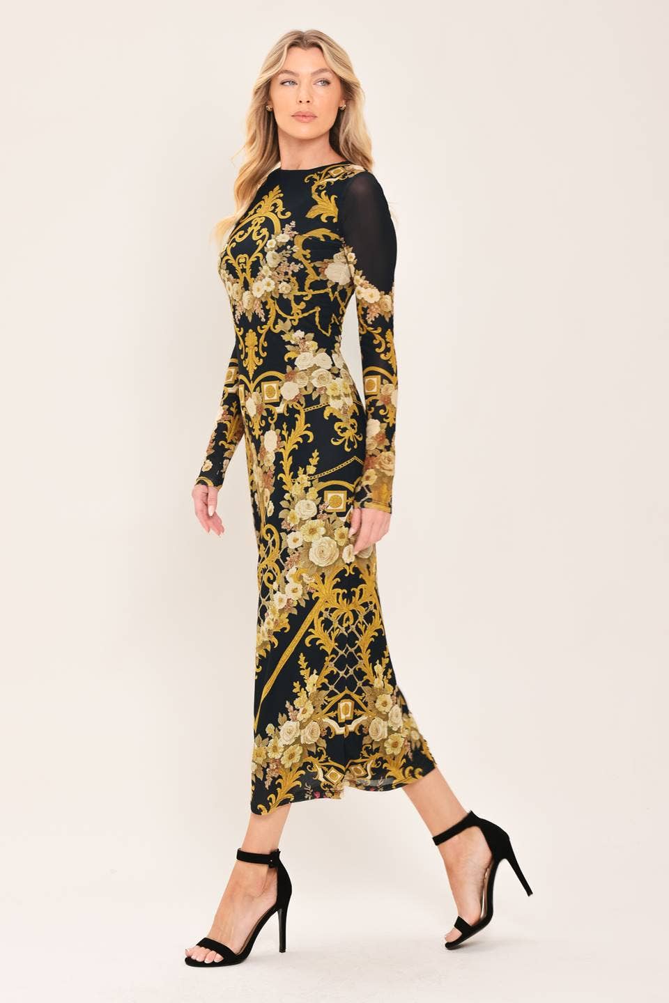 A printed power mesh midi dress - ID24092: Black