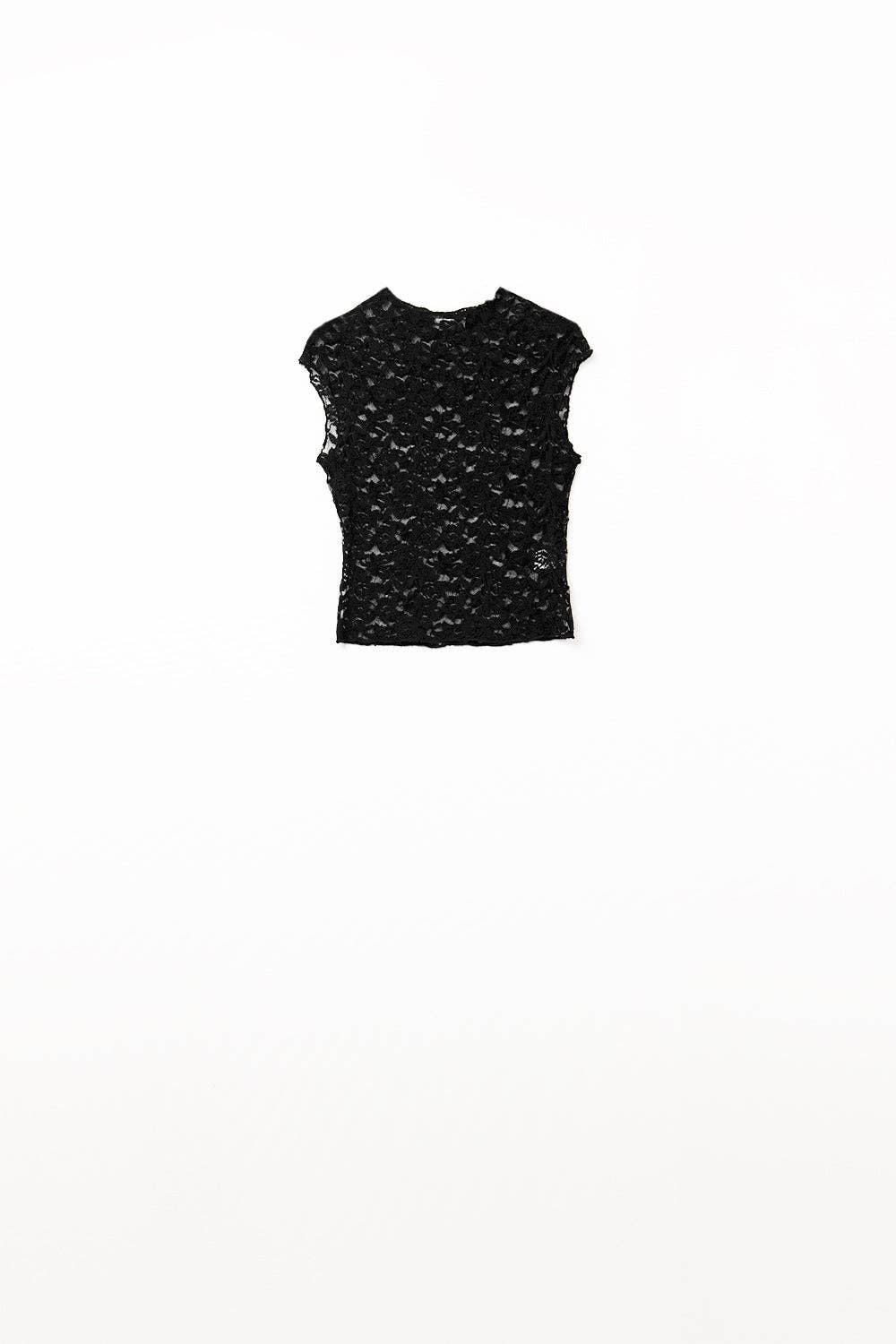 Romantic Lace T-shirt With Cap Sleeves in Black: BLACK