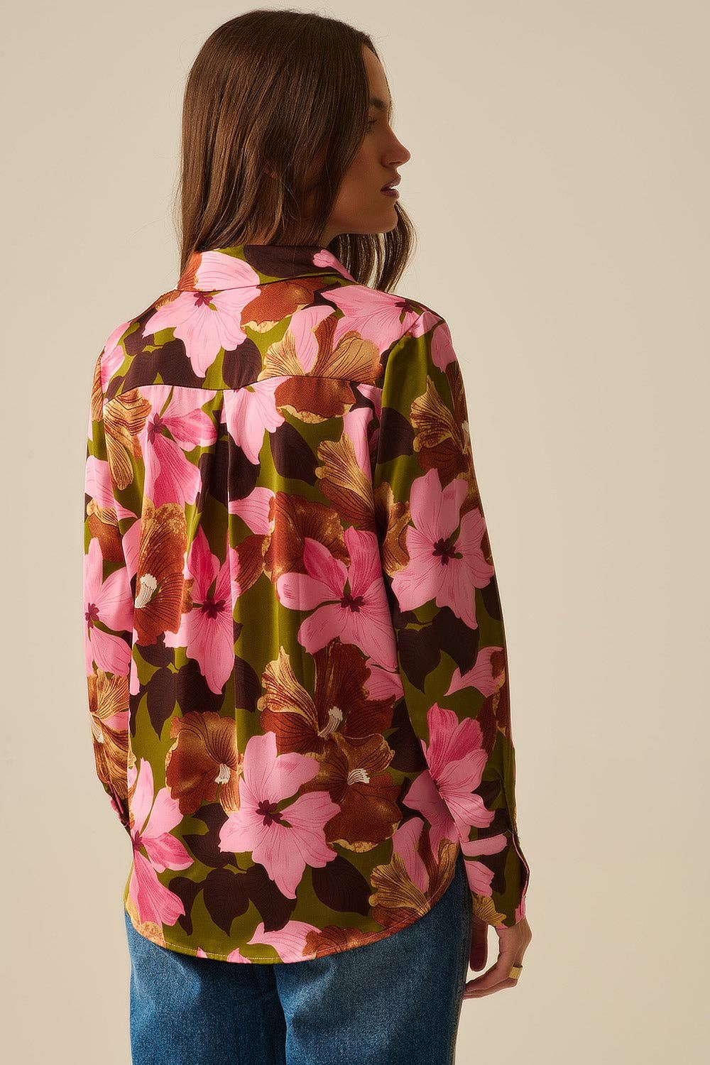 Satin Finish Tropical Floral Shirt in Olive Green: GREEN / L