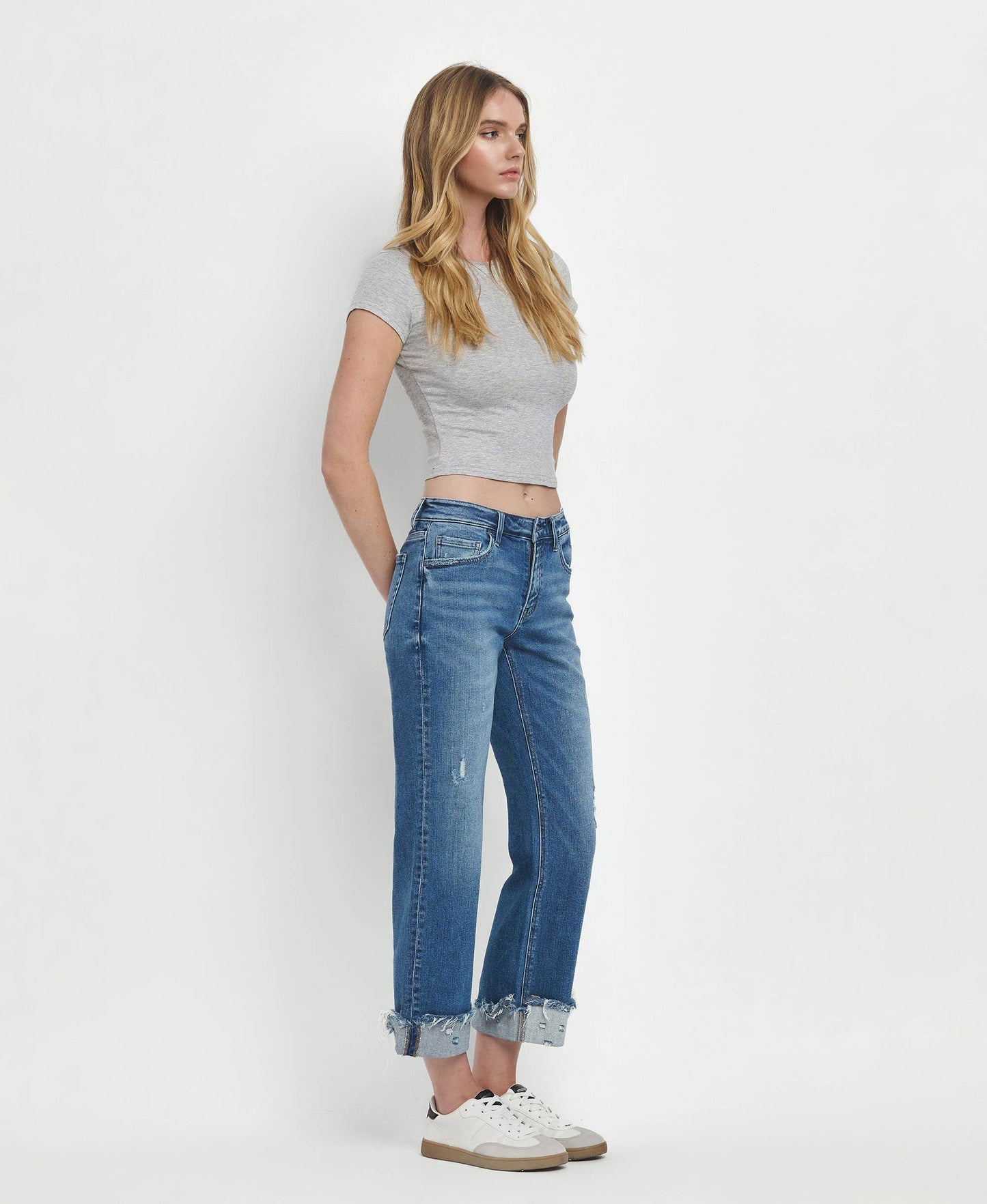 Flying Monkey - Four Season Mid Rise Raw Cuffed Hem Slim Wide Leg Jeans