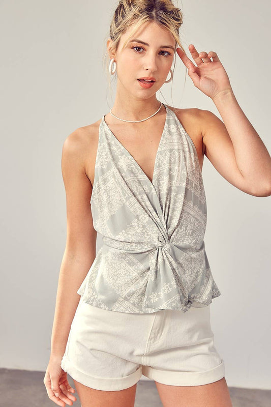 FLORAL BANDANA HALTER NECK FRONT KNOTTED TOP: Sage